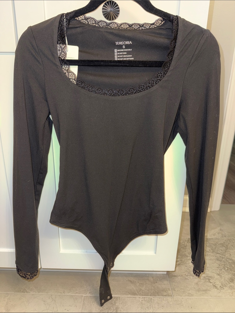 NWT Black Long-Sleeve Lace-Trim Snap Bodysuit